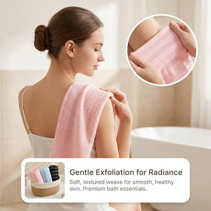 Exfoliating Towel 3 Pack, Pink Blue Black, 40 Inch Exfoliating Washcloth | For Daily Body Exfoliation, Long Shower Scrubber Cloth For Back And Body Care Checkered