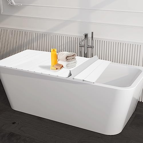 63x32in Bath Lid Cover Bathtub Tray, Foldable Bathtub Cover Bath Insulation Cover, PVC Dustproof Shutter Bath Lid fit Most Tubs, Can Hold Wine Glass, Books, Tablets, Cellphones - color: White, size: 63x31.5in