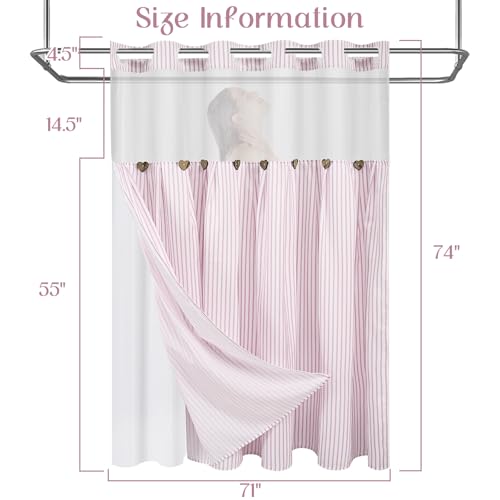 ASPMIZ Farmhouse Striped Shower Curtain and Liner Set No Hook, Pink 71x74 | No Hook Shower Curtain with Snap in Liner Fabric, Rustic Washable Waterproof Bathroom Curtains with Button, Mesh Top Window - color: Pink Striped, size: 71"W x 74"L (Pack of 1), s