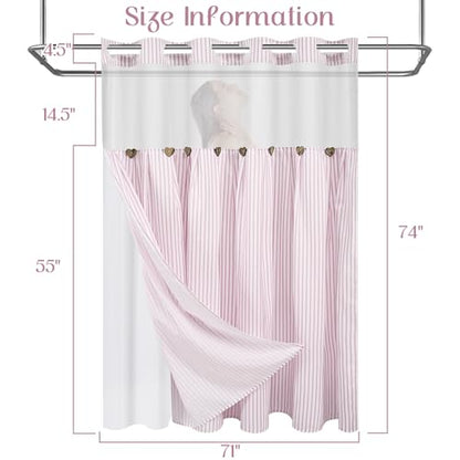 ASPMIZ Farmhouse Striped Shower Curtain and Liner Set No Hook, Pink 71x74 | No Hook Shower Curtain with Snap in Liner Fabric, Rustic Washable Waterproof Bathroom Curtains with Button, Mesh Top Window - color: Pink Striped, size: 71"W x 74"L (Pack of 1), s
