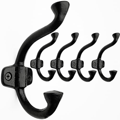 WEBI Rustic Coat Hooks Wall Mount,Cast Iron Vintage Wall Hooks for Hanging,Heavy Duty Antique Decorative Wall Hooks for Farmhouse,Mudroom,Closet,Robe,Backpack,Black,Pack of 5 - color: Black