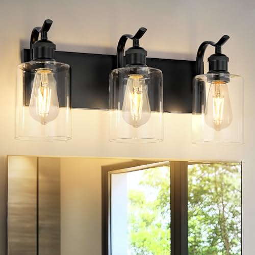 3-Light Black Bathroom Light Fixture Over Mirror, Modern Vanity Light, Clear Glass Wall Sconce, VL01BK-3 - color: Black & Clear Glass, size: 3 LIGHT
