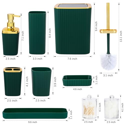 9 PCS DarkGreen Bathroom Accessories Set with Trash Can Bathroom Accessory | All-in-One Kit with Trash Can,Toothbrush Holder,Soap Dispenser,Toothbrush Cup,Vanity Tray,Soap Dish,Toilet Brush etc for Home - color: Darkgreen