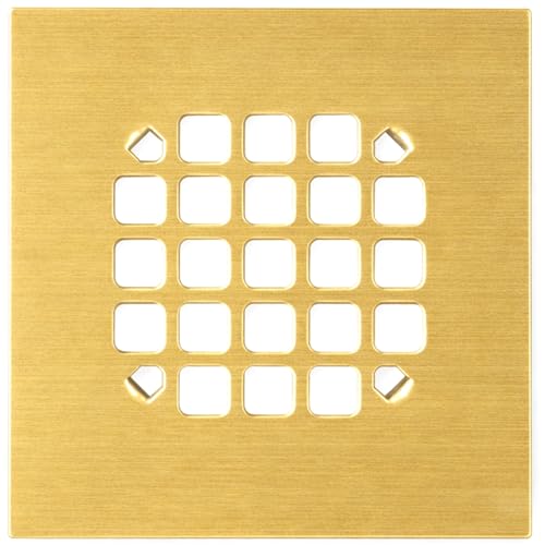 4-1/4” Square Snap-in Brushed Gold Shower Drain - Durable Replacement - 4.25 inch Durable Floor Cover -Snap-in Prongs - Easy Installation Universal Grate Stainer - color: Brushed Gold