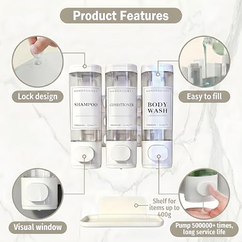 Shampoo and Conditioner Dispenser, Wall-Mounted Shower Soap Dispenser, 3 in 1 No Drill Wall Mounted Soap Dispenser, Large Capacity Triple Refillable Bottles for Bathroom, Hotel, Gym (White)