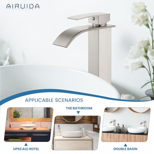 Airuida Vessel Sink Faucet,Brushed Nickel Tall Waterfall Bathroom Faucet | Single Handle,Tall Bathroom Faucet 1 Hole,Vanity Faucet,without Drain,Bowl Bathroom Faucet - color: Brushed Nickel