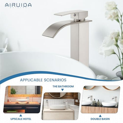 Airuida Vessel Sink Faucet,Brushed Nickel Tall Waterfall Bathroom Faucet | Single Handle,Tall Bathroom Faucet 1 Hole,Vanity Faucet,without Drain,Bowl Bathroom Faucet - color: Brushed Nickel