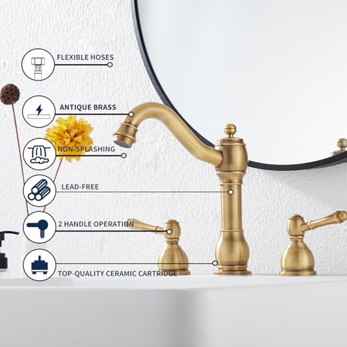 2 Handles 3 Holes Faucet Widespread Bathroom Sink Faucet Basin Tap Mixer Supply Hose Included Matching Pop Up Drain Antique Brass - color: Antique Brass, size: Widespread