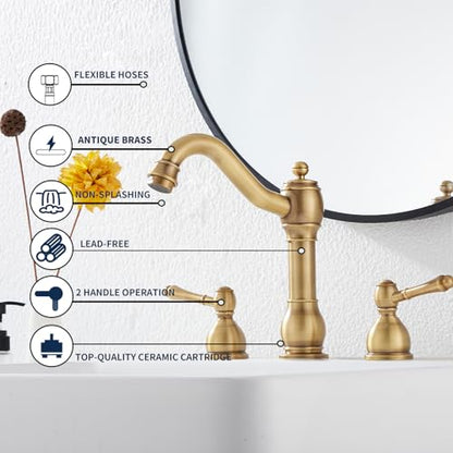 2 Handles 3 Holes Faucet Widespread Bathroom Sink Faucet Basin Tap Mixer Supply Hose Included Matching Pop Up Drain Antique Brass - color: Antique Brass, size: Widespread