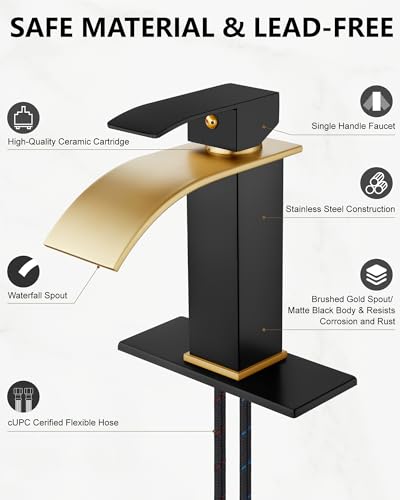 Midanya Waterfall Bathroom Faucet 1 Hole,Brushed Gold Spout/Matte Black | with 24” Hoses,Pop Up Drain,6” Deck Plate,for 1 or 3 Hole Vanity,Lavatory,RV,Single Handle Bathroom Sink Faucet,NSF Certified - color: Gold Spout/Black