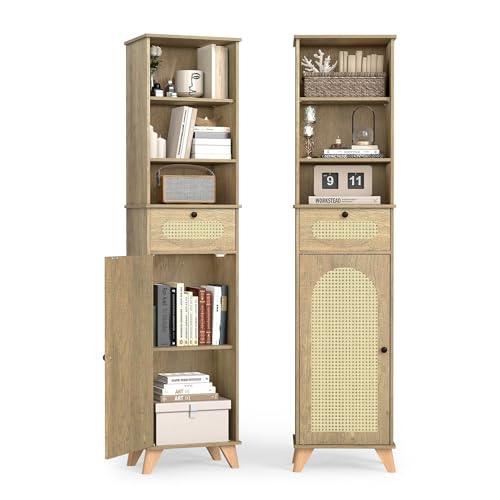 Quikraen Tall Bathroom Storage Cabinet with Rattan, Adjustable Shelves Bathroom Cabinet Storage Narrow Toilet Paper Storage Cabinet for Small Spaces,Living Room Dining Room Laundry,67.4in