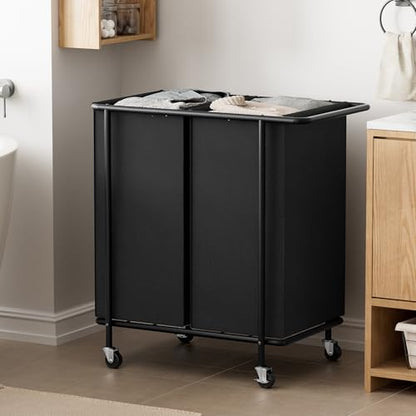 Double Laundry Hamper with Wheels & Lid, 200L Large Rolling Laundry Basket | Chrislley Sturdy Metal Laundry Cart 2 Section with Long Handle and Removable Bags,Dirty Clothes Hamper for Laundry Room,Black - color: Black, size: 200L(29.7"L x 16.9"W x 33.1"H)