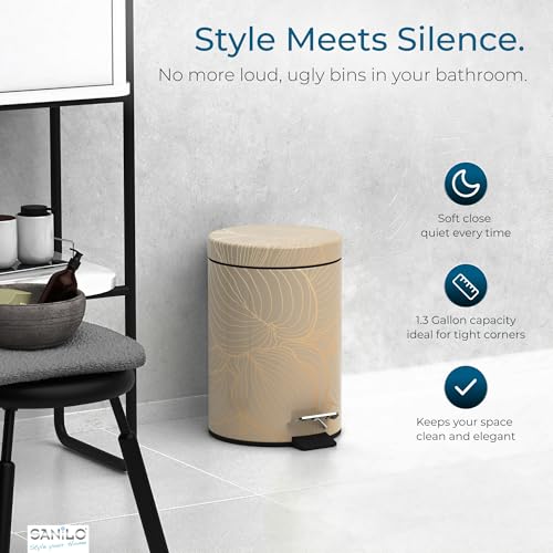 Sanilo Small Bathroom Trash Can with Lid [1.3 Gallon] - Lidded Tiny Trashcan for Garbage - Mini Metal Bin with Soft Closing Mechanism - Bath Room Accessoire Wastebin with Inner Bucket (Hosta) - color: Hosta