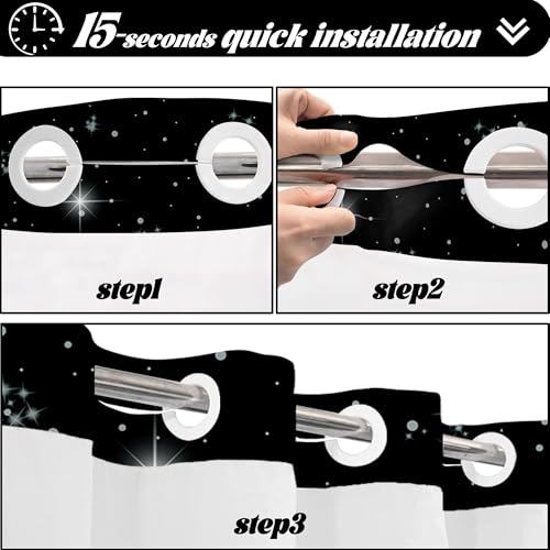 Star Moon Hookless Shower Curtain with Snap in Liner, Space Black and White Watercolor Night Sky Galaxy No Hook Double Layer Shower Curtains and Liner Set, Waterproof Cloth Fabric 71" W X 74" L - color: Black, size: 71"W x 74"L (Pack of 1)