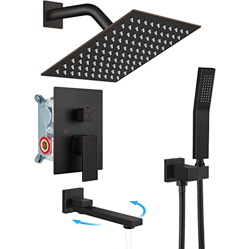 gotonovo Tub Shower Faucet Set with Valve Kit 8’’ Head,Oil Rubbed Bronze | Shower System with Tub Spout,SUS304 Rain Head with Handheld Sprayer,Swivel Spout,All Metal,Rough-In Valve Trim Kit,Wall Mount - color: Bronze, size: 8’’ Head