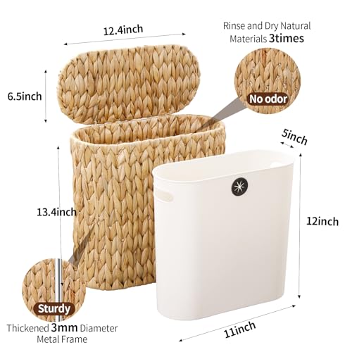 Coeusy Wicker Bathroom Trash Can with Lid,Narrow Rattan Waste Basket with Removable Liner Bucket,Slim Woven Water Hyacinth Garbage Can for Bedroom,Office,Small Spaces,3 Gallon - size: 3 Gallon