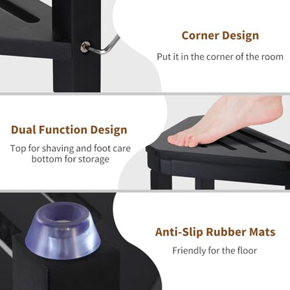 Boulphia Shower Foot Rest 14in, Acacia Wood Shower Stool for Shaving Legs (Black) - color: Black