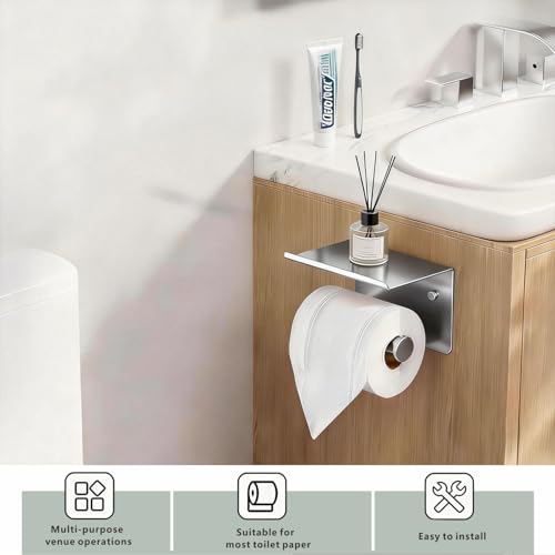 Toilet Paper Holder with Shelf, Heavy-Duty Stainless Steel Bathroom Hardware, Self-Adhesive No-Drill/Drill-Mount Wall-Mounted Roll Holder, Rust-Proof Bathroom Tissue Rack(Brushed Nickel) - color: Brushed Nicke