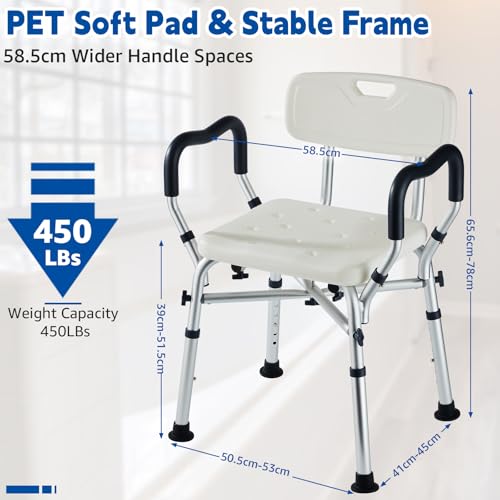 Shower Chair for Inside Shower, Padded Shower Seat Chair with Arms and Back, 6-Level Adjustable Shower Stool Chair for Elderly and Disabled, 550 LB Heavy Duty Handicap Shower Bath Chair | Shower Seat for Inside Tub 6-Height Adjustable,Shower Chair with Ar