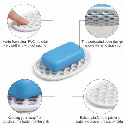 3 Pcs Silicone Soap Holder, Non-Slip Silicone Soap Dish for Shower with Efficient Drainage Holes, Soap-Tray for Shower Self Draining Bathroom Sink, Kitchen Counter, Easy Cleaning(White)