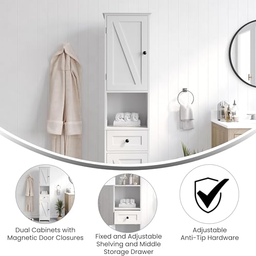 Flash Furniture Freestanding Bathroom Linen Tower Storage Cabinet, White | Farmhouse, Magnetic Close Doors, 2 Adjustable Shelves, Open Display Shelf - color: White