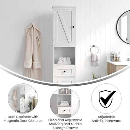 Flash Furniture Freestanding Bathroom Linen Tower Storage Cabinet, White | Farmhouse, Magnetic Close Doors, 2 Adjustable Shelves, Open Display Shelf - color: White