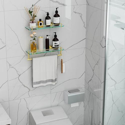 Towel Rack with Shelf 16 Inch, Bathroom Shelf with Towel Bar Tempered Glass, Brushed Gold Modern Rustproof Stainless Steel Wall Mount - color: Brushed Gold, size: 16-inch with Railing