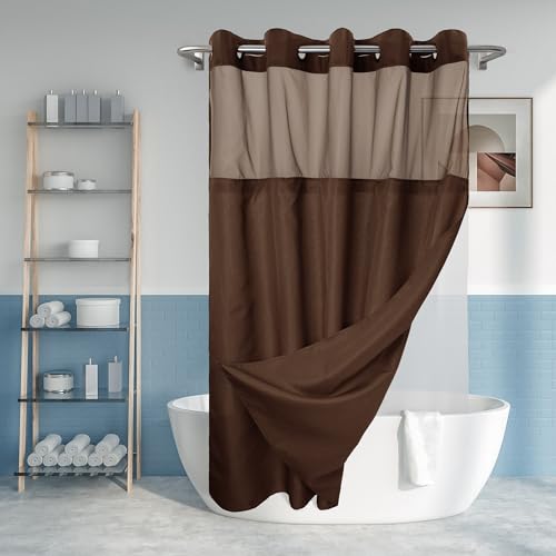 River Dream No Hook Shower Curtain with Snap-in Liner Set, Brown, 71x74 | Snap on/off Waterproof PEVA Liner, See Through Top Window, Slub Textured, Hotel Style Shower Curtain Set, Standard Size - color: Chocolate, size: 71"W x 74"L (Pack of 1)