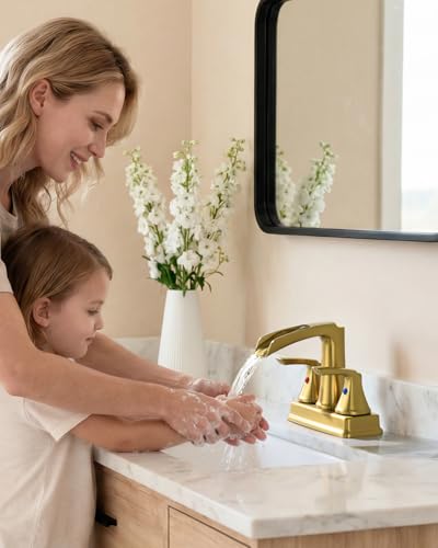 Fapully 4 Inch Centerset Waterfall Bathroom Faucet Brushed Gold | Lead-Free Brass, Llave De Lavamanos De Baño, Bathroom Sink Faucet for Bathroom Sink with Pop-up Drain, - color: Brushed Gold