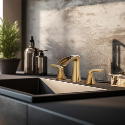 Brushed Gold Waterfall Bathroom Faucet, Sanliv 3-Piece Widespread Bathroom Sink Faucets, 2-Handle Vanity Faucet for 3-Hole Sinks 4-8 Inch with Pop-Up Drain, Brushed Gold - color: Brushed Gold