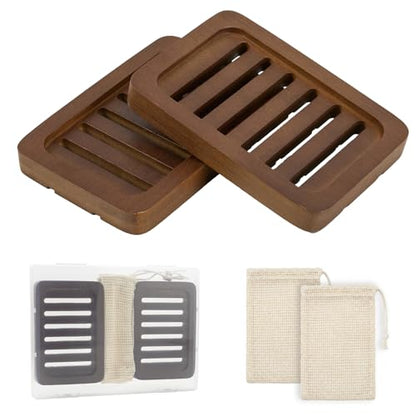 2PCS Self Draining Soap Holders, Rustic Slotted Bamboo Dish Tray, Easy Cleaning Wooden Soap Dish for Shower, Bathroom, Kitchen Sponges, Bath Tub, Packed in A Case (Walnut Style) - color: Dark Brown