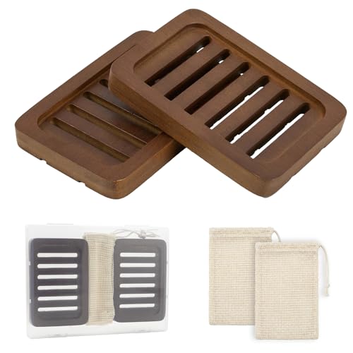 2PCS Self Draining Soap Holders, Rustic Slotted Bamboo Dish Tray, Easy Cleaning Wooden Soap Dish for Shower, Bathroom, Kitchen Sponges, Bath Tub, Packed in A Case (Walnut Style) - color: Dark Brown