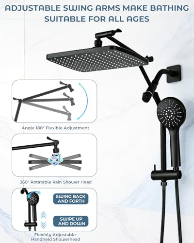 Shower Head with Handheld,High Pressure Black Slide Bar Shower Head | Regaderas Para Shower,11.8" Rectangular,Shower Head,Dual Shower Head,Bathroom Decor,Extension Arm,5 Spray Mode - color: C-Matte Black, style: Rectangular 12"