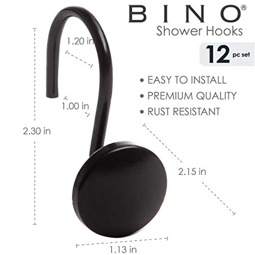 BINO | Shower Curtain Hooks - Matte Black- Set of 12 | Hooks Shower Curtain | Shower Curtain Rings Hooks | Rust Proof Shower Curtain Hooks | Bathroom Shower Hooks for Curtain | Bathroom Essentials - color: Matte Black