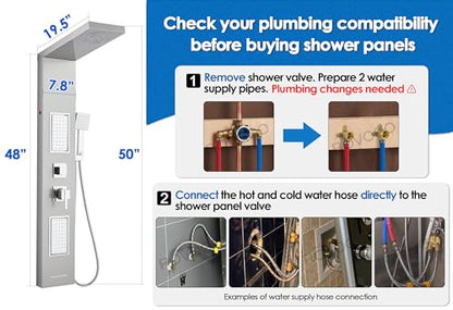 ROVOGO LED Shower Panel Tower System With Lights, 5 Shower Modes, Brushed | Rainfall Mist Shower Head, Large Body Jets, Handheld, Tub Spout, Stainless Steel Shower Column, Brass Mixing Valves, 50 Inch - style: 50" Brushed