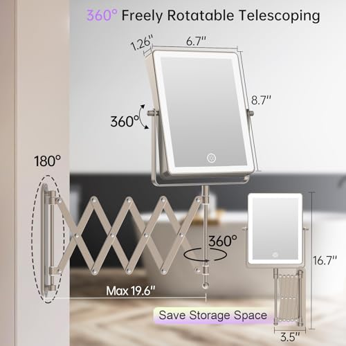 FASCINATE 8.7" 5000mAh Rechargeable Wall Mounted Makeup Mirror (Nickel) | Double Sided Touch Switch 1X 30X Magnifying Bathroom Mirror, 3 Color Lights, Extended Arm 360°Rotation - color: Nickel B
