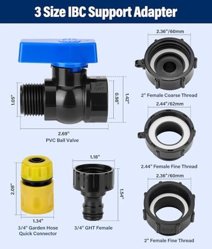 3 Sizes 3-in-1 IBC Tote Hose Adapter 2.44" Fine, 2" Fine and 2" Coarse Thread, 275-330 Gallon Water Tote Tank Hose Adaptor, Faucet Adapter for Garden Hose Connector