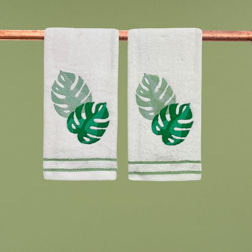 Serafina Home Coastal Tropical Palm Leaves Embroidered Bath Hand Fingertip Towels, Green on Ivory, 100% Cotton, Set of 2, 12 x 18 inches - color: Monstera