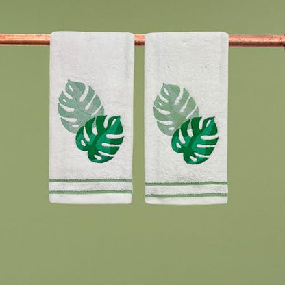 Serafina Home Coastal Tropical Palm Leaves Embroidered Bath Hand Fingertip Towels, Green on Ivory, 100% Cotton, Set of 2, 12 x 18 inches - color: Monstera