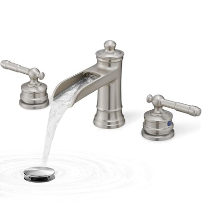 Waterfall Bathroom Faucet Matte Brushed Nickel, Brass 3 Hole Faucet Bathroom Sink Faucet Widespread 4-16 Inch Faucet for Bathroom Sink, 2 Handle Bathroom Faucets with Pop-up Drain & Water Hoses - color: Matte Brushed Nickel - Classic