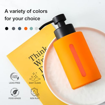 Enra Fall Glass Soap Dispenser with Window,12oz Orange Bathroom Soap Dispenser with Stainless Steel Lotion Pump,Hand Liquid Soap Dispenser Countertop for Bathroom Kitchen - color: Orange
