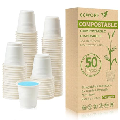 50PCS 3 OZ Bathroom Cups 100% Compostable Biodegradable Eco Friendly Small Disposable Mini Mouthwash Cups for Bath Rinse Shot Disposable for Drinking Washing Tasting - size: ECO(50 pack)
