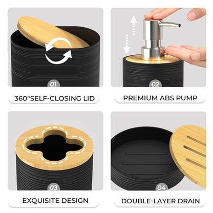 Bathroom Accessory Set, 6-Pcs Black | Trash Can, Soap Dispenser, Toothbrush Holder & Cup, Soap Dish, Toilet Brush - color: Black
