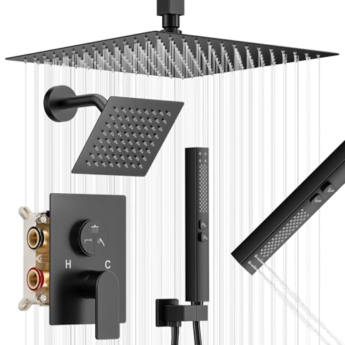 Matte Black Shower Faucet Set, Home Shower System with 3-Setting Push Button Diverter, 12" Ceiling Rain Shower Head & 6" Wall Mount Shower Head, 2-in-1 Handheld, Shower Valve Trim Kit - color: Matte Black