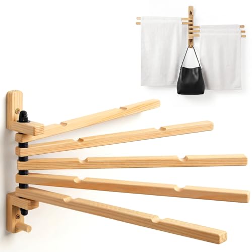9 x 13 Inch Wood Swivel Towel Rack Wall Mounted Foldable Drying Rack with Anti-Slip Arms, Space Saving Towel Holder for Bathroom Laundry Room Closet, Pine Wood Hanger (5 Bar)