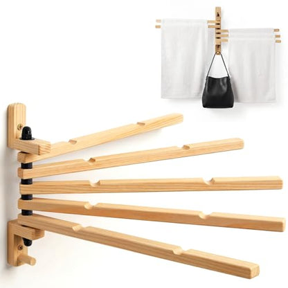 9 x 13 Inch Wood Swivel Towel Rack Wall Mounted Foldable Drying Rack with Anti-Slip Arms, Space Saving Towel Holder for Bathroom Laundry Room Closet, Pine Wood Hanger (5 Bar)