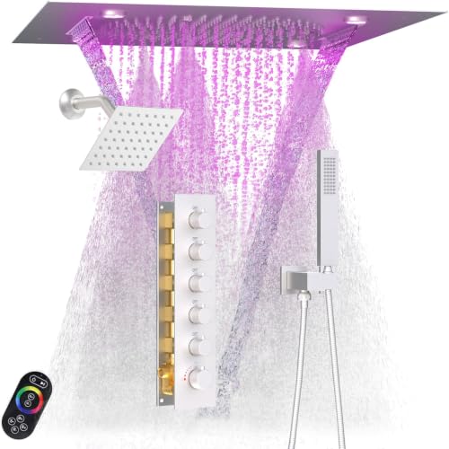 Enga Luxury Dual Shower Head System LED Thermostatic Shower System with 6 inch Wall Shower, 20-Inch 3 Function Shower Head (Rainfall & Mist & Waterfall), Brushed Nickel - color: Brushed Nickel, style: 20" Head (Rain + Mist+Waterfall) - 6" Head