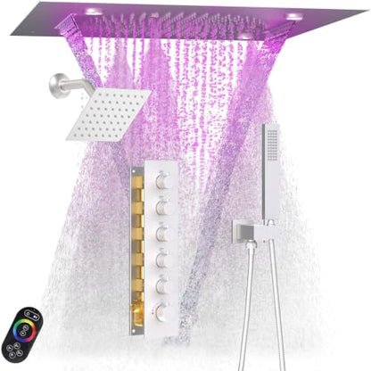 Enga Luxury Dual Shower Head System LED Thermostatic Shower System with 6 inch Wall Shower, 20-Inch 3 Function Shower Head (Rainfall & Mist & Waterfall), Brushed Nickel - color: Brushed Nickel, style: 20" Head (Rain + Mist+Waterfall) - 6" Head