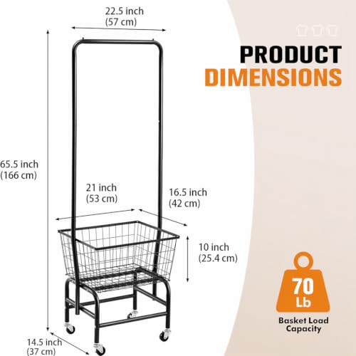 ALIMORDEN Rolling Laundry Cart with Hanging Rack & Metal Basket, Black | 360° Lockable Casters, Wire Laundry Basket Cart, Hanging Rack, Powder Coated Frame for Laundry Room & Bedroom Storage - color: Black