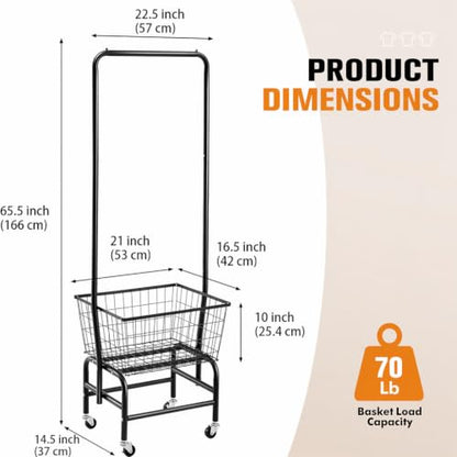 ALIMORDEN Rolling Laundry Cart with Hanging Rack & Metal Basket, Black | 360° Lockable Casters, Wire Laundry Basket Cart, Hanging Rack, Powder Coated Frame for Laundry Room & Bedroom Storage - color: Black
